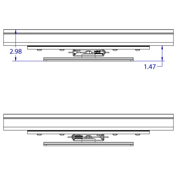 RT-FLUSH-QR 100 x 200 mm compact roller track trolley monitor mount specification drawing depicting the top and bottom views.