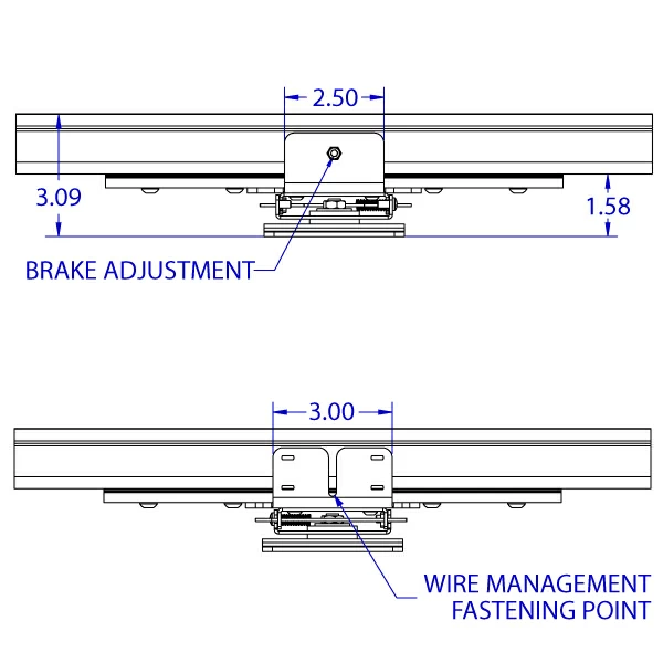 RT-FLUSH-QR 75 x 75 mm rotating roller track trolley monitor mount specification drawing depicting the top and bottom views with the brake adjustment screw and the wire management fastening point.
