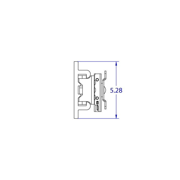 RT-FLUSH-QR compact roller track trolley monitor mount specification drawing side view with 75 x 75 mm VESA plate.