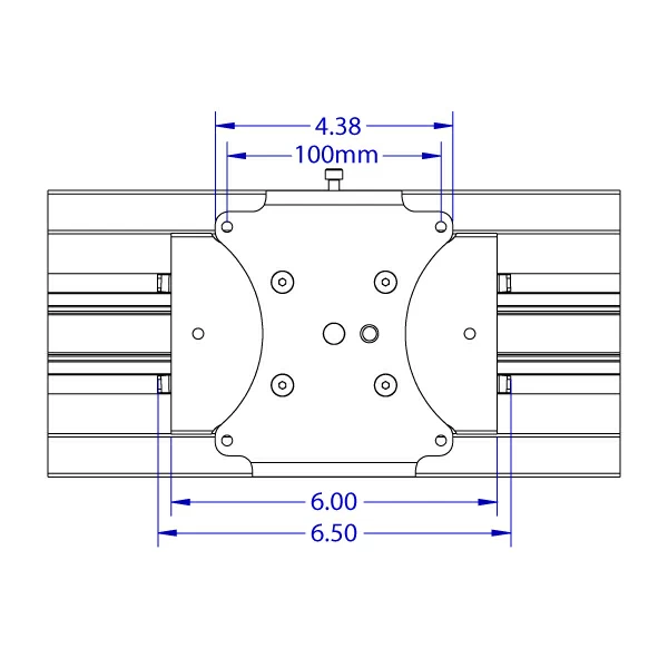 RT-FLUSH low-profile roller track 100 x 100 mm VESA monitor positioner specification drawing front view.