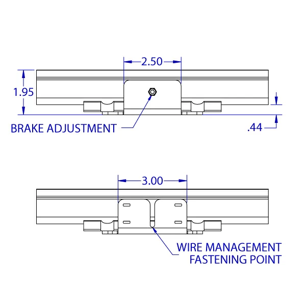 RT-FLUSH low-profile roller track 100 x 100 mm VESA monitor positioner specification drawing depicting the top and bottom views with the brake adjustment screw and the wire management fastening point.