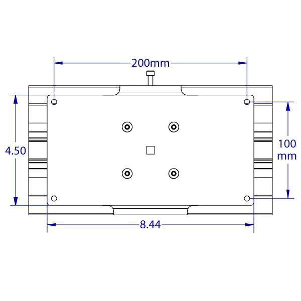 RT-FLUSH compact roller track 100 x 200 mm VESA monitor positioner specification drawing front view.