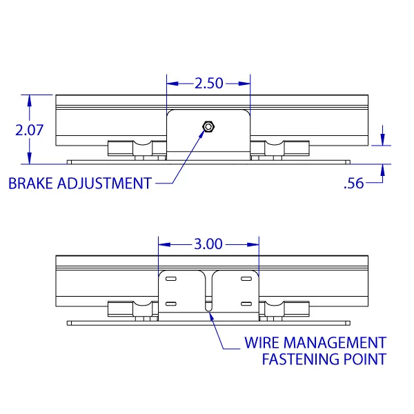 RT-FLUSH low-profile roller track 100 x 200 mm VESA monitor positioner specification drawing depicting the top and bottom views with the brake adjustment screw and the wire management fastening point.