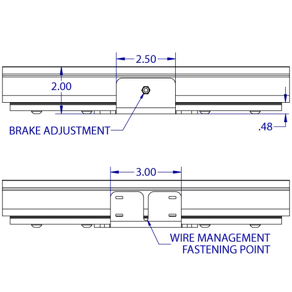 RT-FLUSH low-profile roller track trolley 100 x 100 mm VESA monitor mount specification drawing depicting the top and bottom views with the brake adjustment screw and the wire management fastening point.