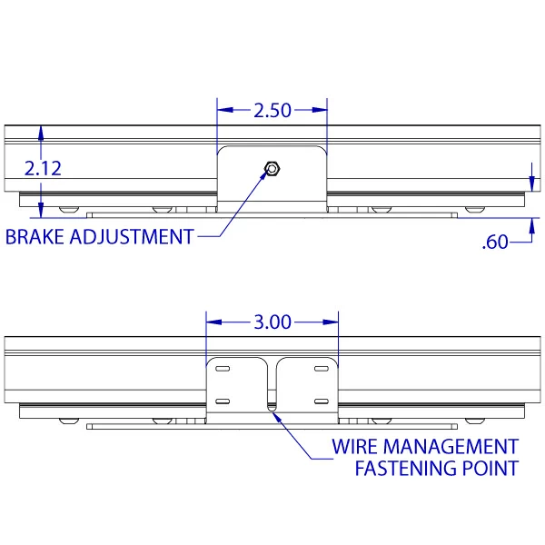 RT-FLUSH compact roller track trolley 100 x 200 mm VESA monitor mount specification drawing depicting the top and bottom views with the brake adjustment screw and the wire management fastening point.