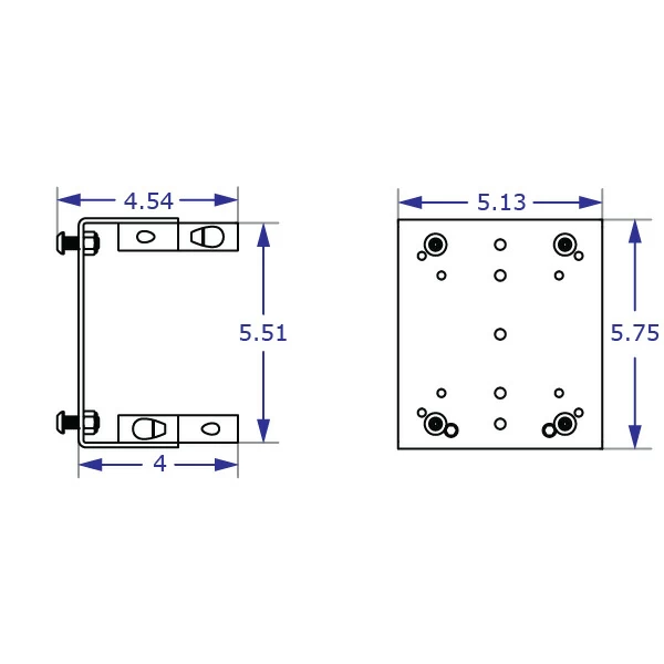 RT horizontal track wall mounting system 192 bracket clamp specification drawing side and front views with measurements