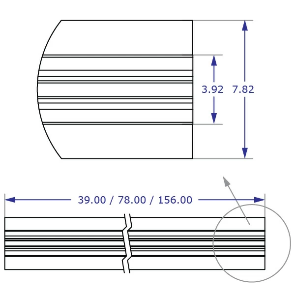 RT horizontal track wall mounting system clamp extrusion specification drawing front view with measurements