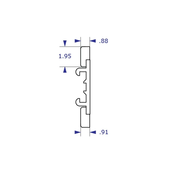 RT horizontal track wall mounting system clamp extrusion specification drawing side view with measurements