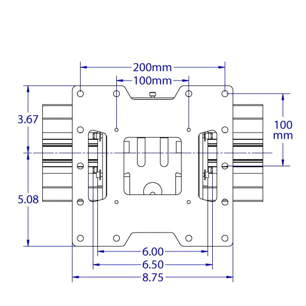 RT-ST632 tilting roller track positioner monitor mount specification drawing front view.