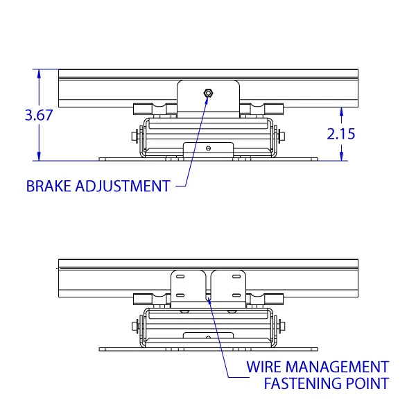 RT-ST632 tilting roller track positioner monitor mount specification drawing depicting the top and bottom views with the brake adjustment screw and the wire management fastening point.