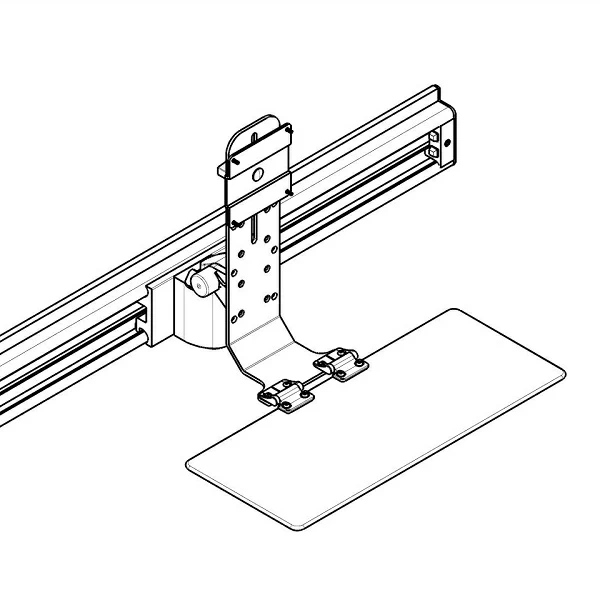 RT-TRS-MOUNT specification drawing showing an isometric view of the track-mounted monitor and keyboard mount.