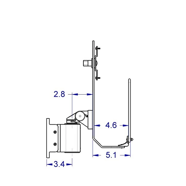 RT-TRS-MOUNT specification drawing side view of the workstation with the keyboard folded up.