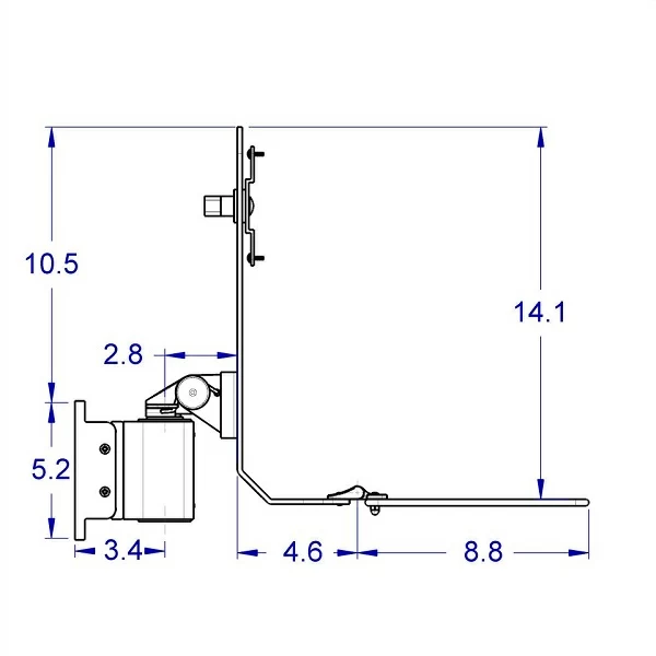 RT-TRS-MOUNT specification drawing side view of the workstation with the keyboard tray down.