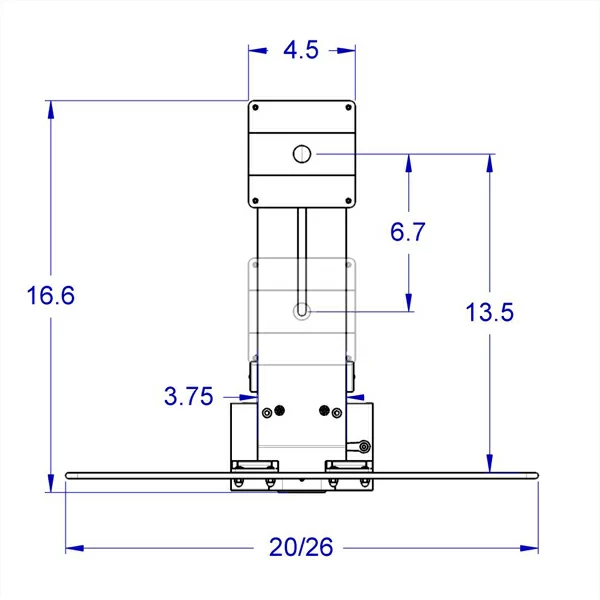 RT-TRS-MOUNT specification drawing demonstrating the slot that allows the monitor to be positioned at a variable distance from the keyboard.