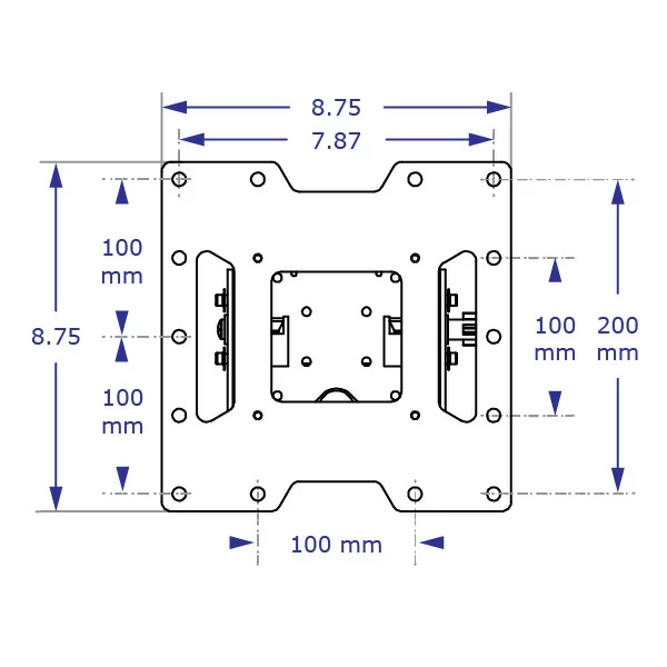 ST632 heavy-duty monitor wall mount with 75mm and 100mm VESA specification drawing front view with measurements