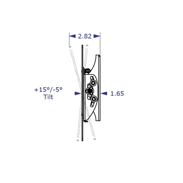 ST632 heavy-duty monitor wall mount specification drawing side view demonstrating tilt with measurements