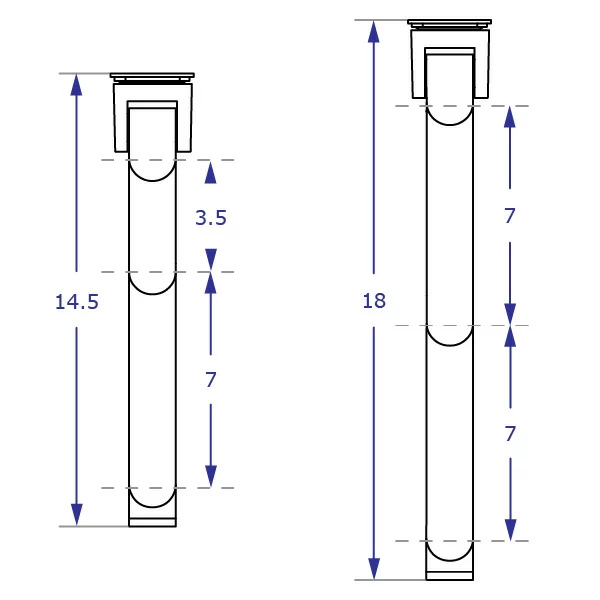 WM9110S monitor wall mount specification drawings with a 3.5-inch and 7-inch extension and two 7-inch extensions top views with measurements