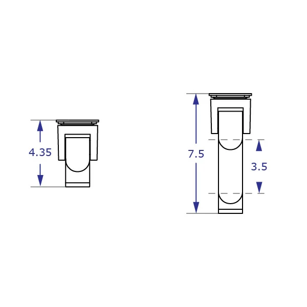 WM9110S monitor wall mount specification drawings with no extension and 3.5-inch extension top views with measurements