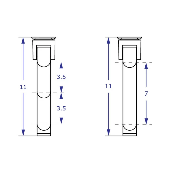 WM9110S monitor wall mount specification drawings with two 3.5-inch extensions and a 7-inch extension top views with measurements