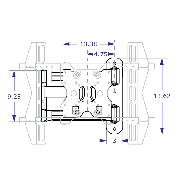 WMHA2480 articulating monitor wall mount with MSU4x6 VESA adapter specification drawing front view shown folded with measurements