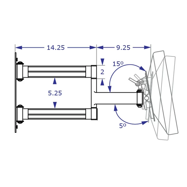 WMHA2480 articulating monitor wall mount specification drawing side view extended demonstrating monitor tilt with measurements