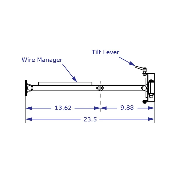 WMHA2480 articulating monitor wall mount specification drawing top view extended with measurements