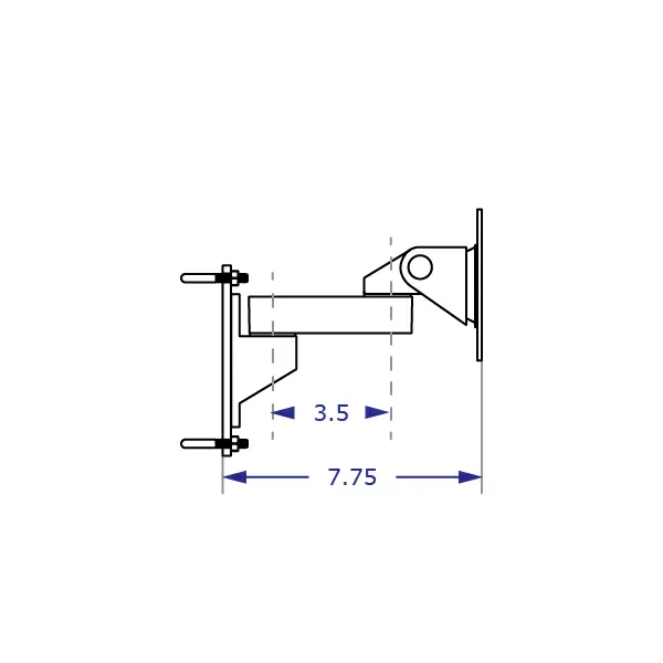 WS9110 wire shelving monitor mount with 3.5-inch extension specification drawing side view with measurements