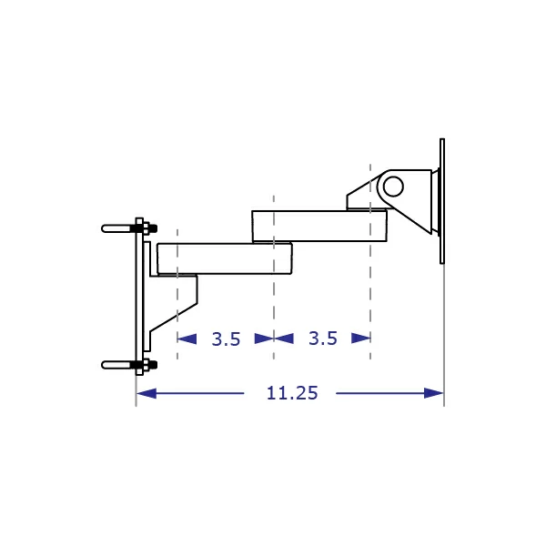 WS9110 wire shelving monitor mount with two 3.5-inch extensions specification drawing side view with measurements