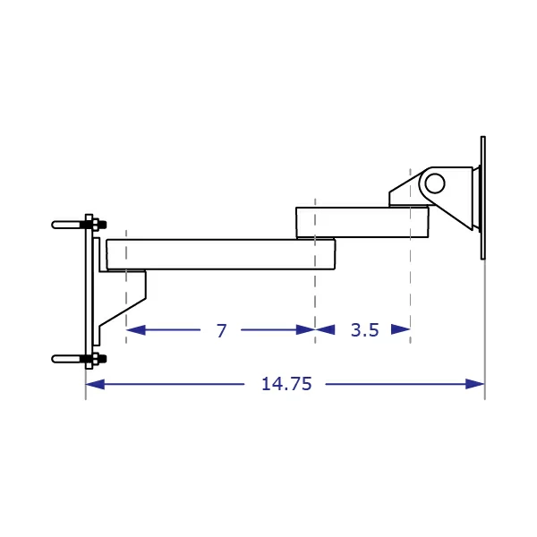 WS9110 wire shelving monitor mount with a 7-inch and 3.5-inch extension specification drawing side view with measurements