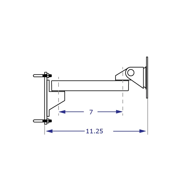 WS9110 wire shelving monitor mount with 7-inch extension specification drawing side view with measurements