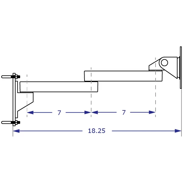 WS9110 wire shelving monitor mount with two 7-inch extensions specification drawing side view with measurements