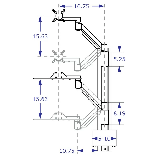 COMBO2 specification drawing of dual arm wall mount track system depicting travel and perpendicular reach of keyboard and monitor