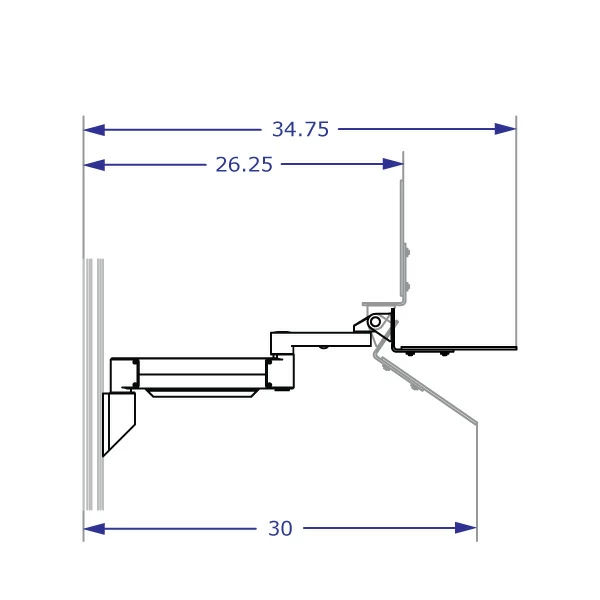 COMBO2 specification drawing of wall mount track system depicting lateral reach and head tilt of keyboard tray arm