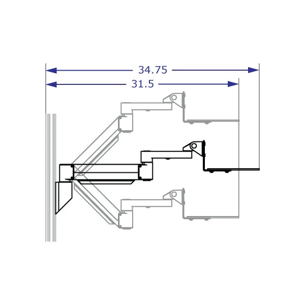 COMBO2 specification drawing of wall mount track system depicting an extended standard tray arm travel and reach