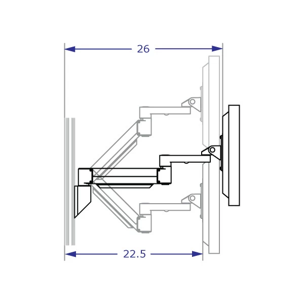 COMBO2 specification drawing of wall mount track system depicting vertical travel and lateral reach of monitor arm 