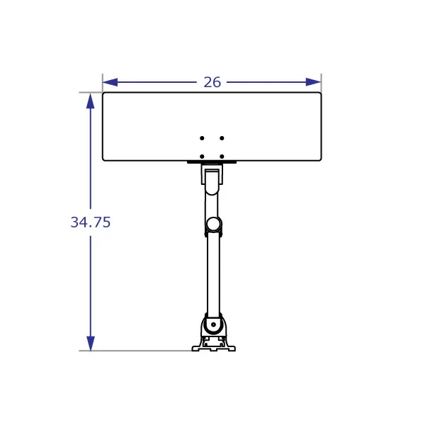 COMBO2 specification drawing of wall mount track system top view depicting standard keyboard arm extended at its lowest position