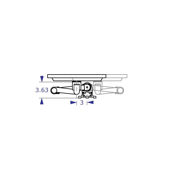 COMBO2 specification drawing of wall mount track system with extended standard tray arm in horizontal position with component measurements