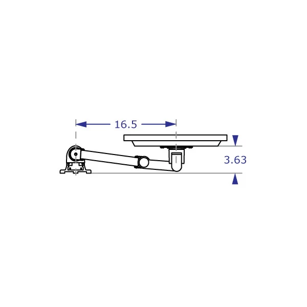 COMBO2 specification drawing of wall mount track system from top view with monitor arm rotated right from rail mounting point