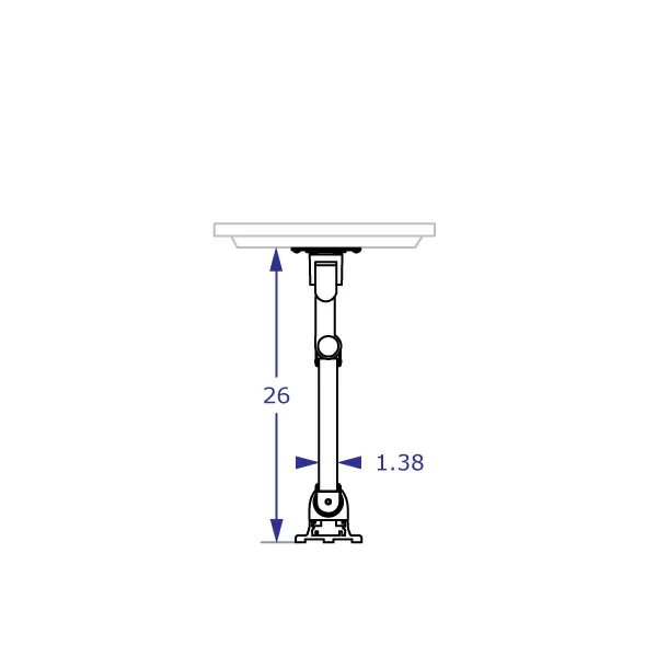 COMBO2 specification drawing of wall mount track system with extended monitor arm with several measurements