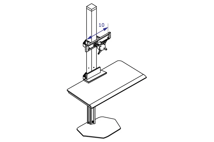 DOR1 sit-stand workstation specification drawing illustrating 10-inch monitor beam