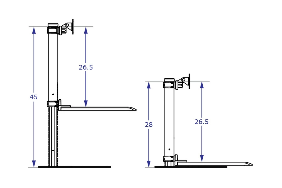 DOR1 sit-stand workstation specification drawings side views showing monitor and worksurface at max distance highest and lowest positions with measurements