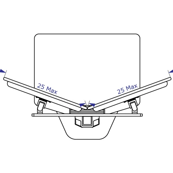 DOR2 dual sit-stand workstation specification drawing showing maximum monitor width in curved configuration
