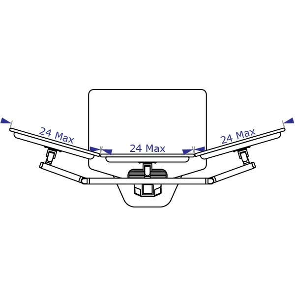 DOR3 triple sit-stand workstation specification drawing showing maximum monitor width in curved configuration