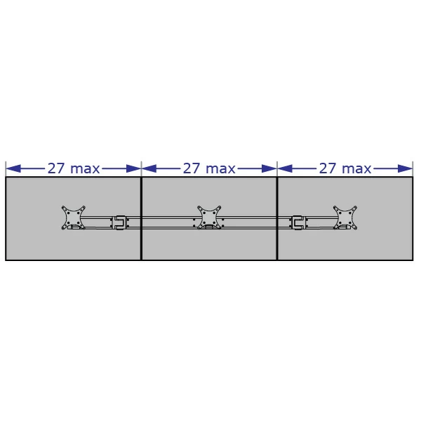 DOR3 triple sit-stand workstation specification drawing showing maximum monitor width in flat configuration