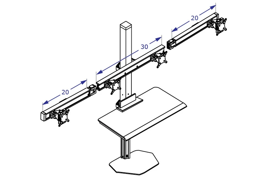 DOR4 quad sit-stand workstation specification drawing showing monitor beam measurements