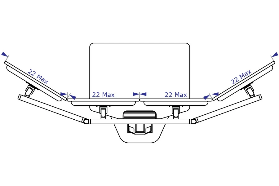 DOR4 quad sit-stand workstation specification drawing showing maximum monitor width in curved configuration
