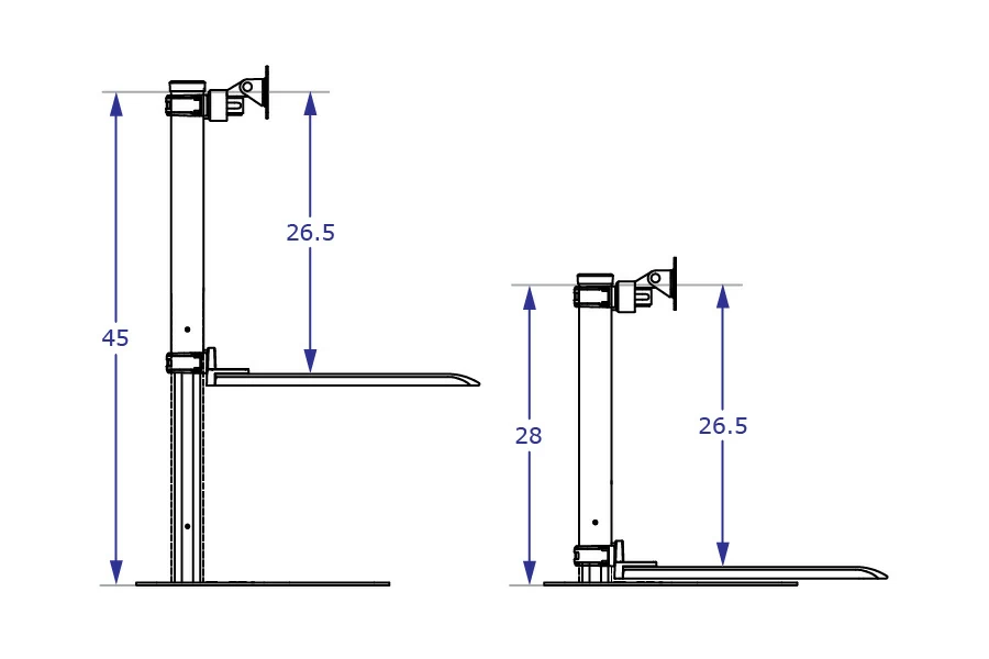 DOR4 quad sit-stand workstation specification drawings side views showing monitor and worksurface at max distance highest and lowest positions with measurements