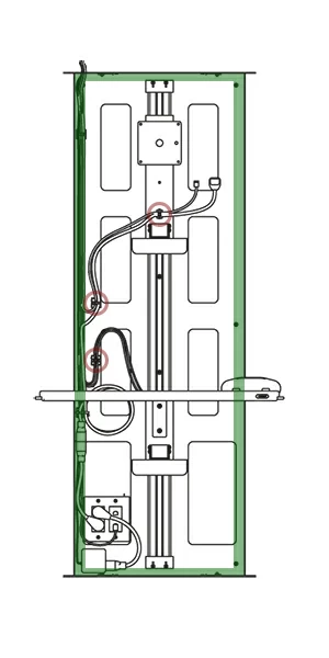 Duolift workstation cabinet line drawing showing cable internal routing