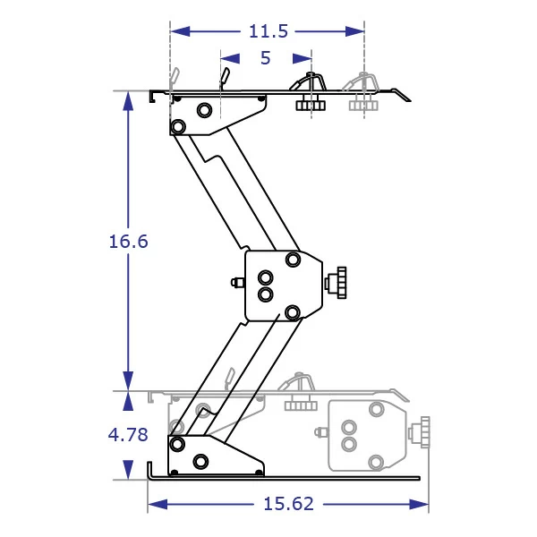 IS-MM monitor riser specification drawing side view highest and lowest positions with measurements