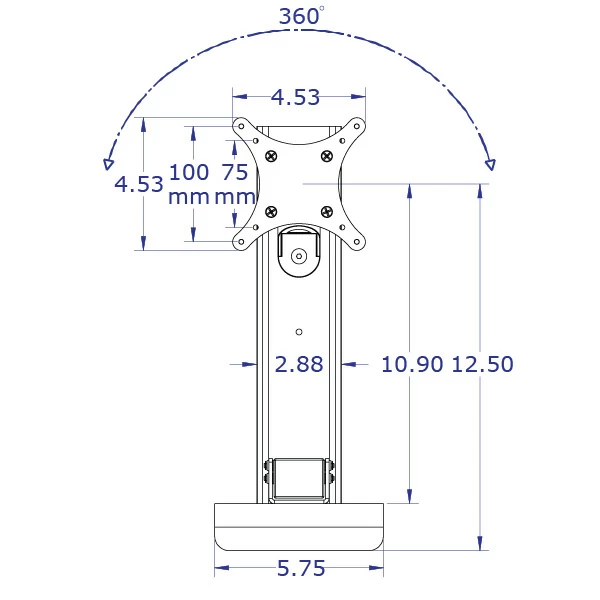 LEVERLIFT-CB wall mounted computer workstation specification drawing articulating monitor mount slider with 100mm VESA front view with measurements